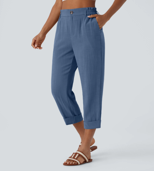 Sofia | Pantalones capri de cintura alta con bolsillos con cremallera y aspecto de lino