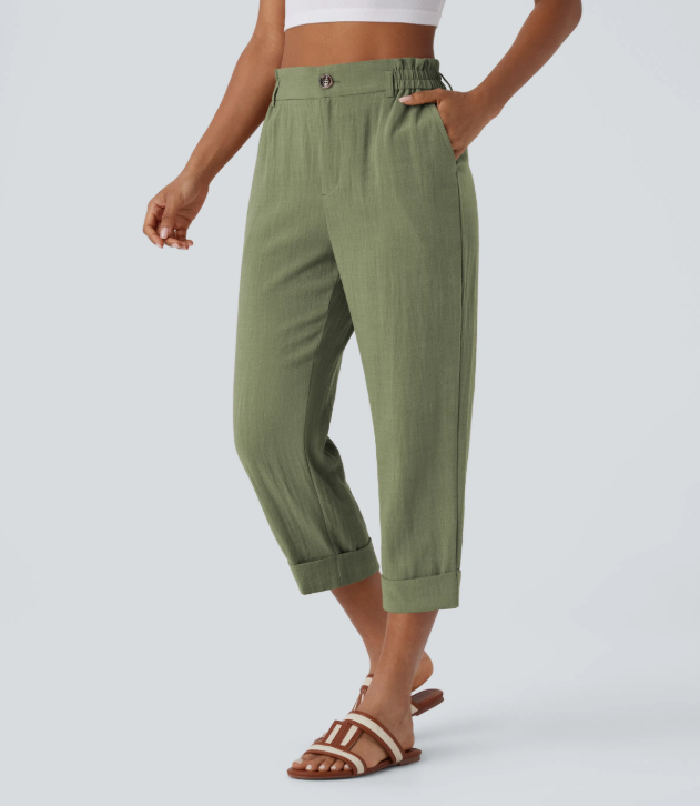 Sofia | Pantalones capri de cintura alta con bolsillos con cremallera y aspecto de lino