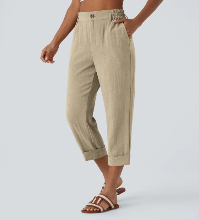 Sofia | Pantalones capri de cintura alta con bolsillos con cremallera y aspecto de lino