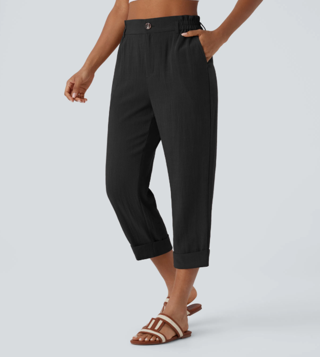 Sofia | Pantalones capri de cintura alta con bolsillos con cremallera y aspecto de lino