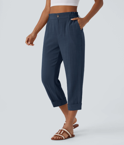Sofia | Pantalones capri de cintura alta con bolsillos con cremallera y aspecto de lino