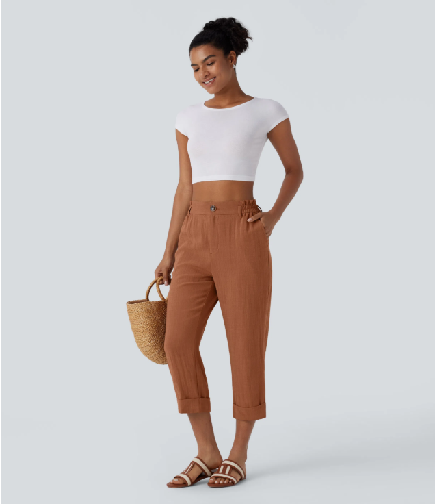 Sofia | Pantalones capri de cintura alta con bolsillos con cremallera y aspecto de lino