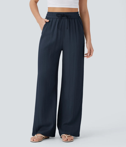 Alicia | Pantalones Casuales de Cintura Alta con Cordón y Bolsillos, Estilo Lino, Pierna Ancha