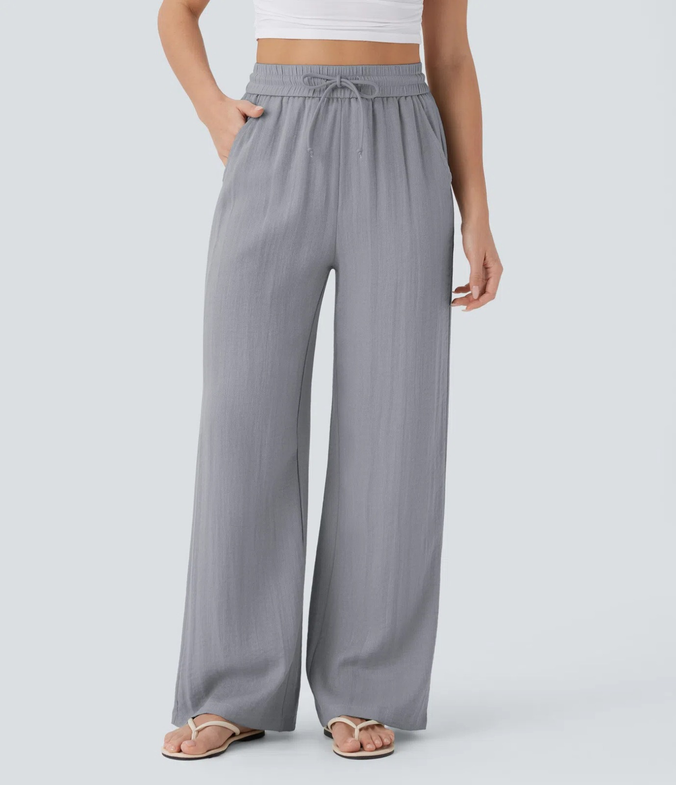 Alicia | Pantalones Casuales de Cintura Alta con Cordón y Bolsillos, Estilo Lino, Pierna Ancha