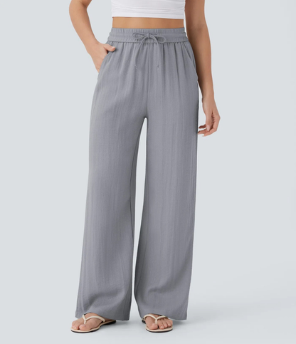 Alicia | Pantalones Casuales de Cintura Alta con Cordón y Bolsillos, Estilo Lino, Pierna Ancha