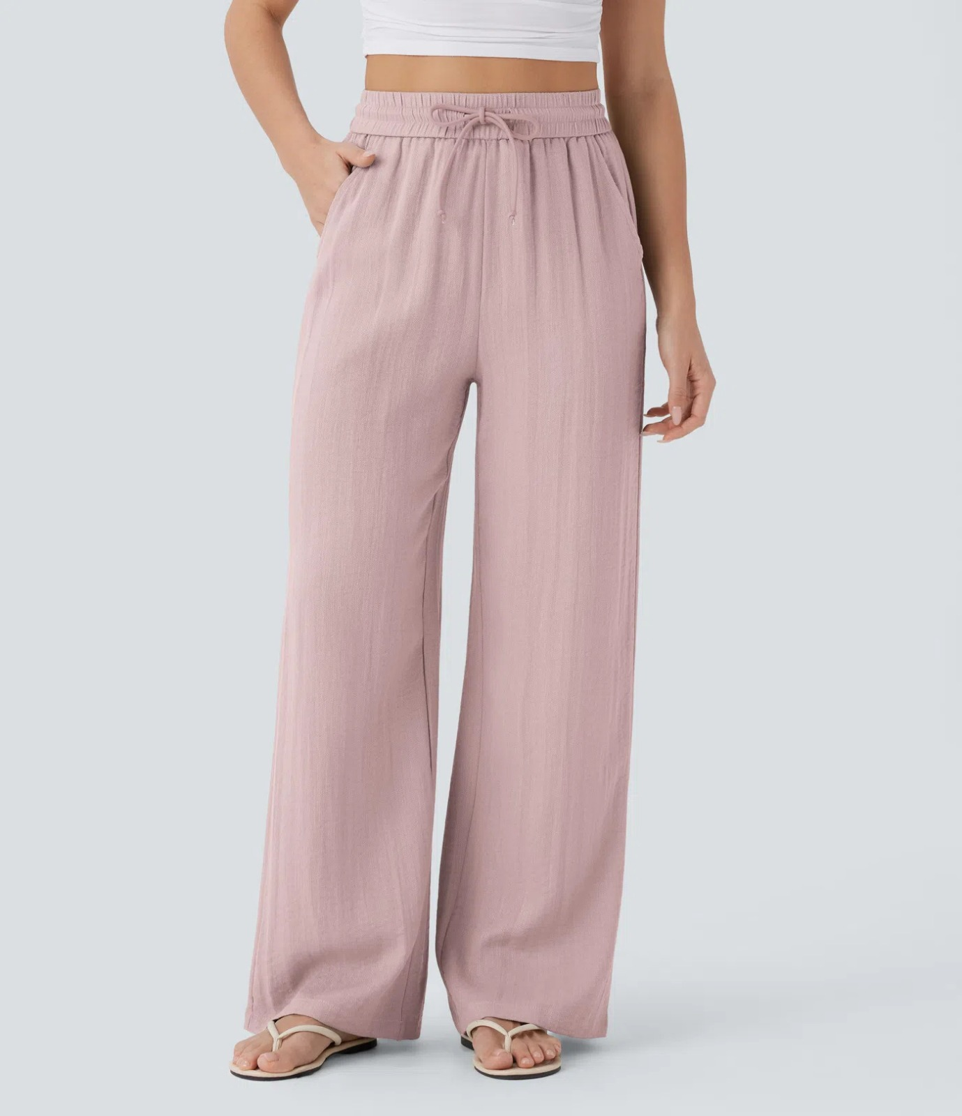 Alicia | Pantalones Casuales de Cintura Alta con Cordón y Bolsillos, Estilo Lino, Pierna Ancha