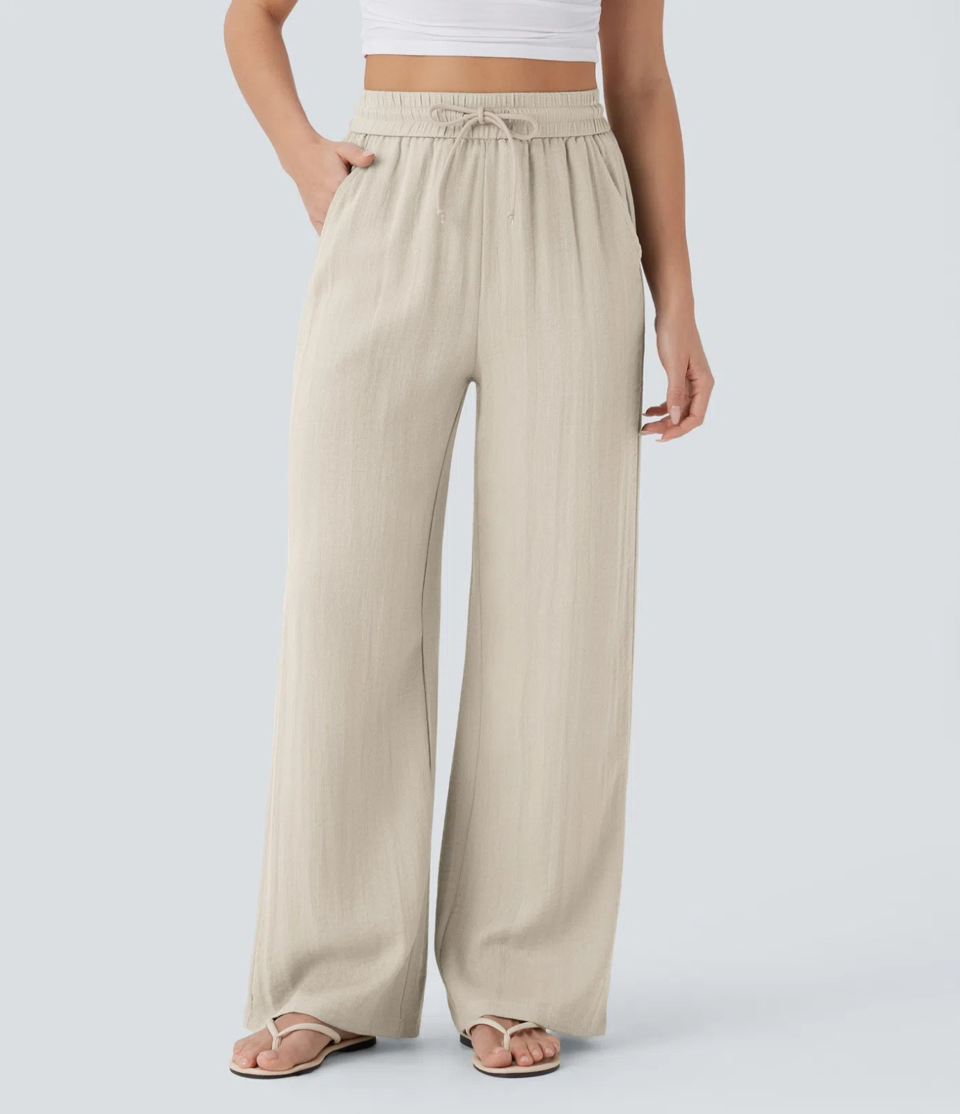 Alicia | Pantalones Casuales de Cintura Alta con Cordón y Bolsillos, Estilo Lino, Pierna Ancha