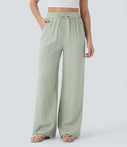 Alicia | Pantalones Casuales de Cintura Alta con Cordón y Bolsillos, Estilo Lino, Pierna Ancha