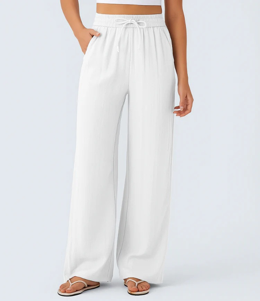 Alicia | Pantalones Casuales de Cintura Alta con Cordón y Bolsillos, Estilo Lino, Pierna Ancha