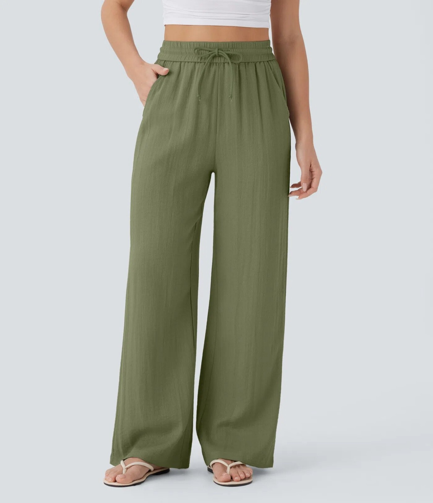 Alicia | Pantalones Casuales de Cintura Alta con Cordón y Bolsillos, Estilo Lino, Pierna Ancha