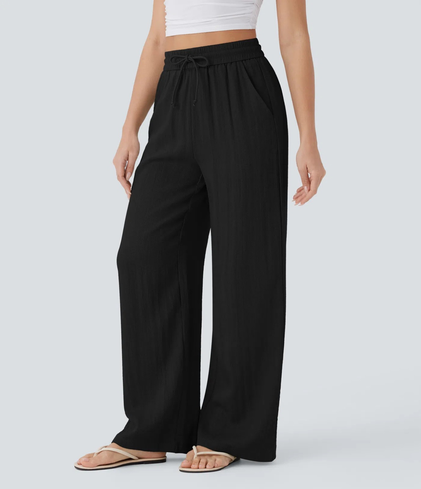 Alicia | Pantalones Casuales de Cintura Alta con Cordón y Bolsillos, Estilo Lino, Pierna Ancha