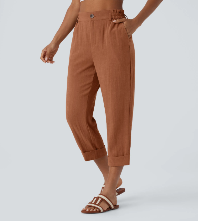 Sofia | Pantalones capri de cintura alta con bolsillos con cremallera y aspecto de lino