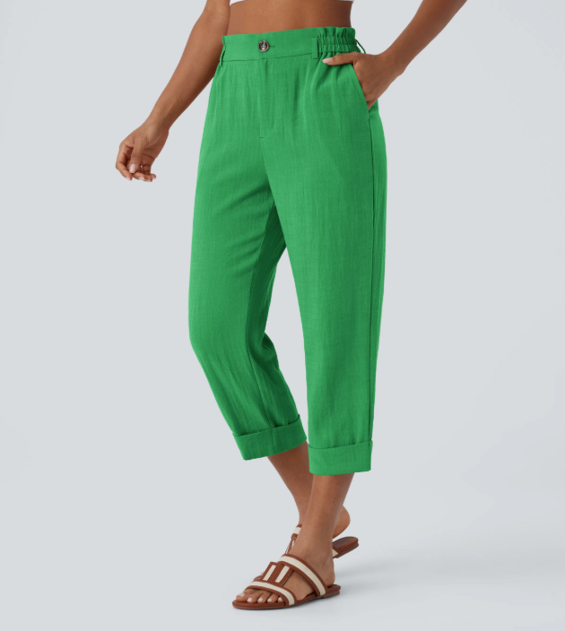 Sofia | Pantalones capri de cintura alta con bolsillos con cremallera y aspecto de lino