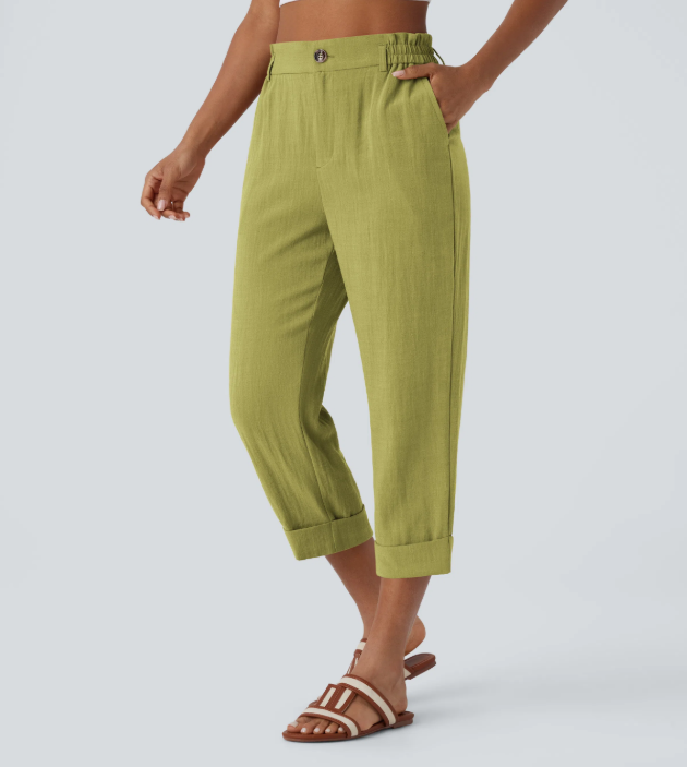 Sofia | Pantalones capri de cintura alta con bolsillos con cremallera y aspecto de lino
