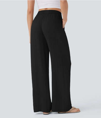Alicia | Pantalones Casuales de Cintura Alta con Cordón y Bolsillos, Estilo Lino, Pierna Ancha