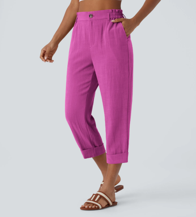 Sofia | Pantalones capri de cintura alta con bolsillos con cremallera y aspecto de lino