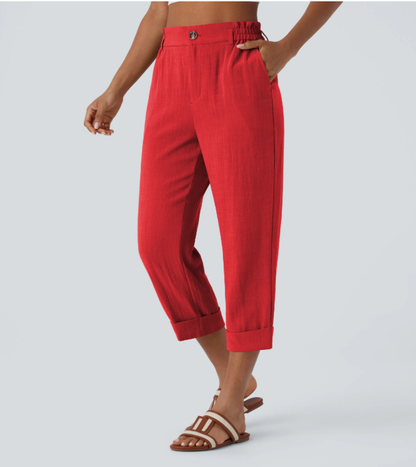Sofia | Pantalones capri de cintura alta con bolsillos con cremallera y aspecto de lino