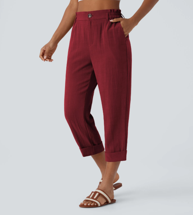 Sofia | Pantalones capri de cintura alta con bolsillos con cremallera y aspecto de lino