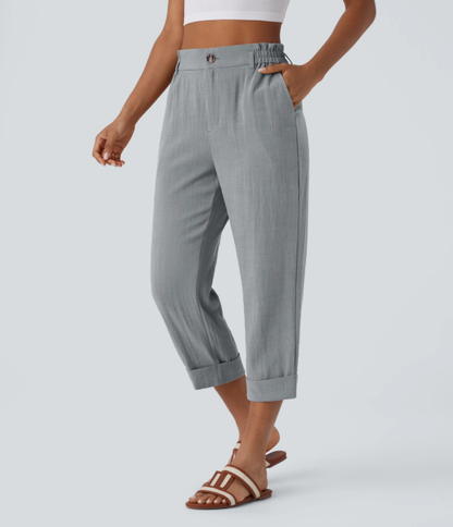 Sofia | Pantalones capri de cintura alta con bolsillos con cremallera y aspecto de lino