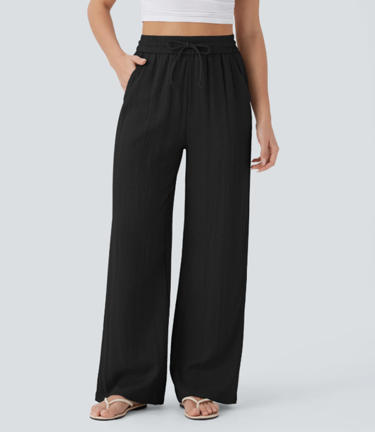 Alicia | Pantalones Casuales de Cintura Alta con Cordón y Bolsillos, Estilo Lino, Pierna Ancha